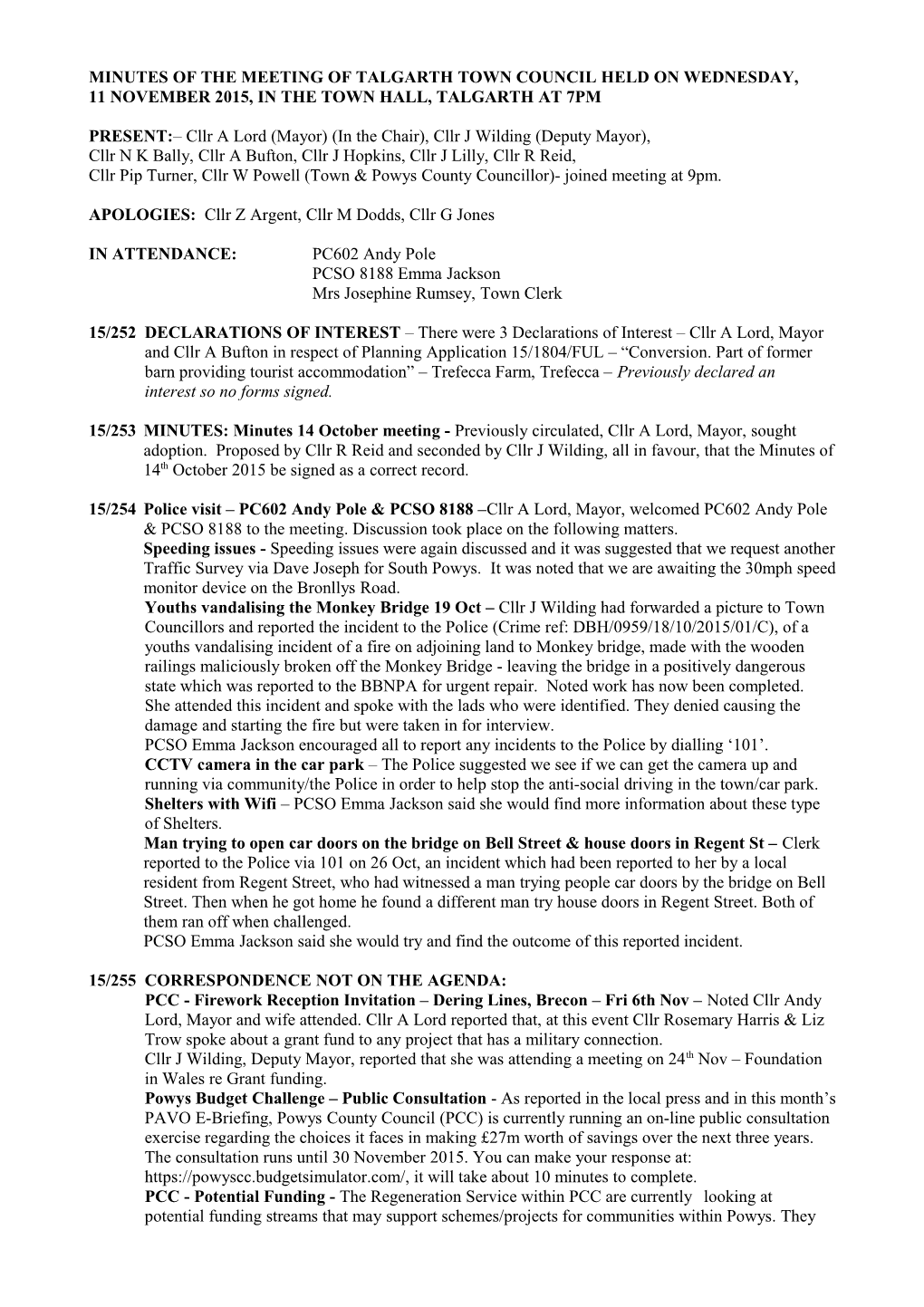 Minutes of the Meeting of Talgarth Town Council Held on Wednesday, 10 October 2012, In