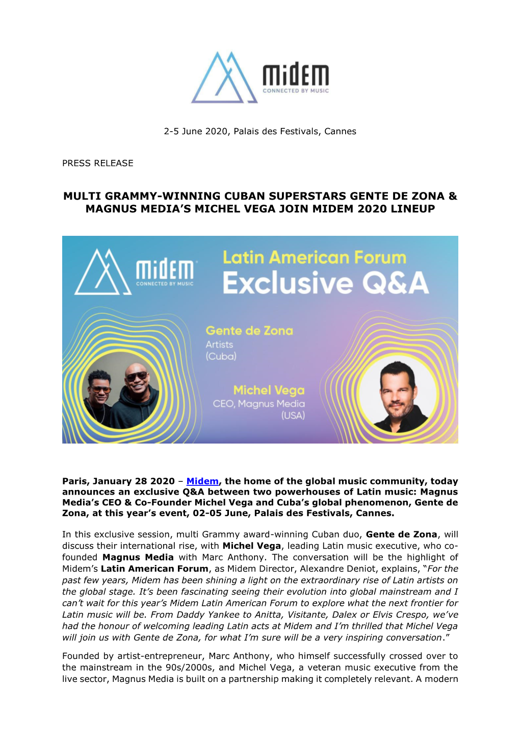 Multi Grammy-Winning Cuban Superstars Gente De Zona & Magnus Media’S Michel Vega Join Midem 2020 Lineup