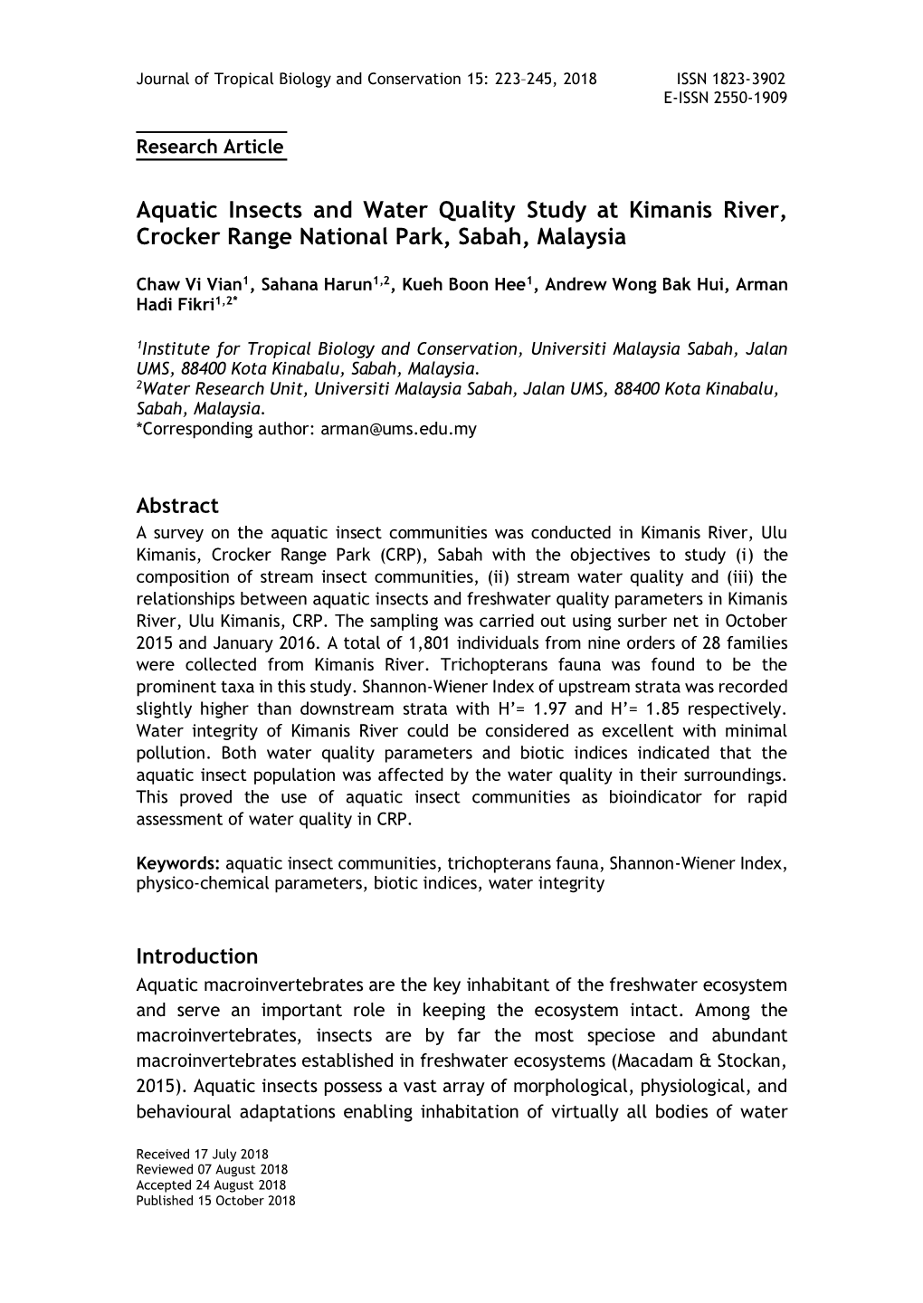 Aquatic Insects and Water Quality Study at Kimanis River, Crocker Range National Park, Sabah, Malaysia