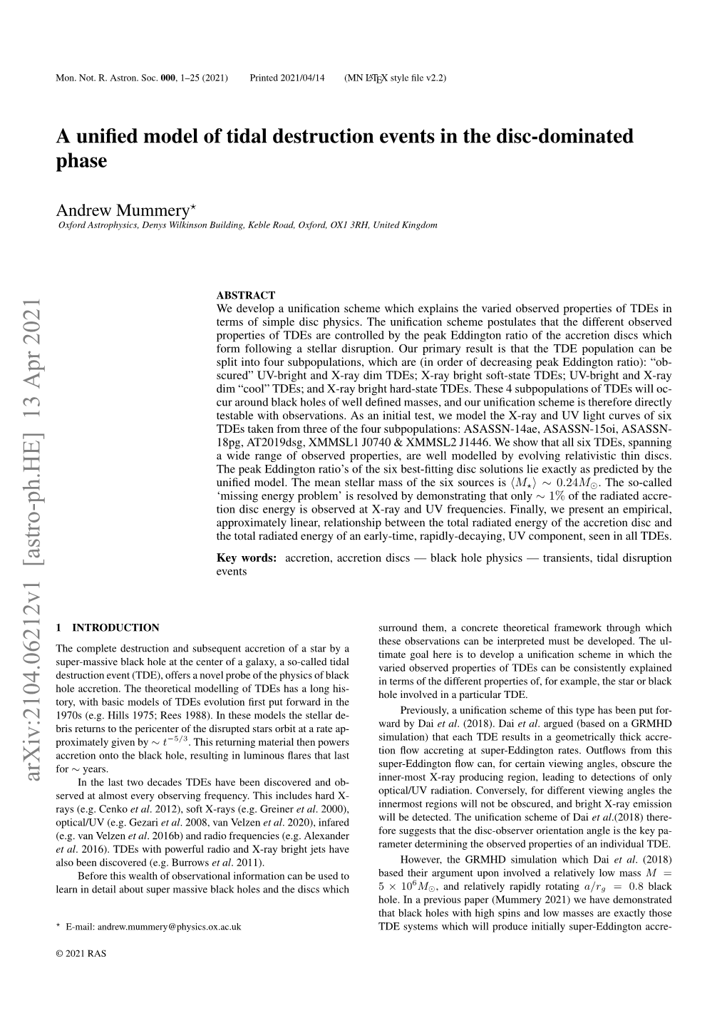 A Unified Model of Tidal Destruction Events in the Disc-Dominated Phase