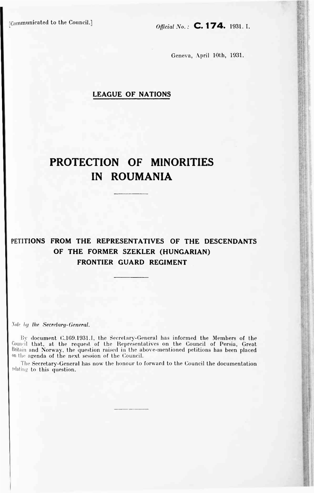 Protection of Minorities in Roumania