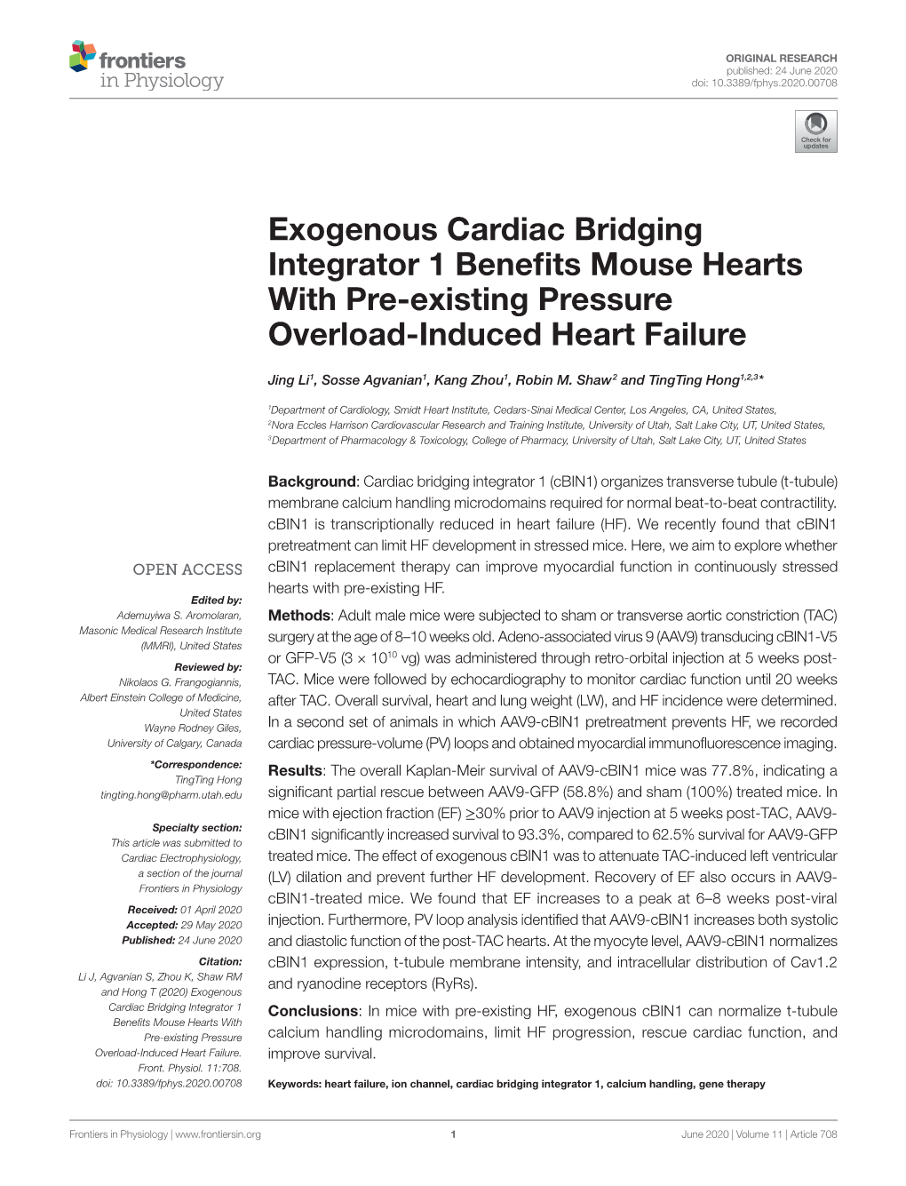 Exogenous Cardiac Bridging Integrator 1 Benefits Mouse Hearts with Pre-Existing Pressure Overload-Induced Heart Failure