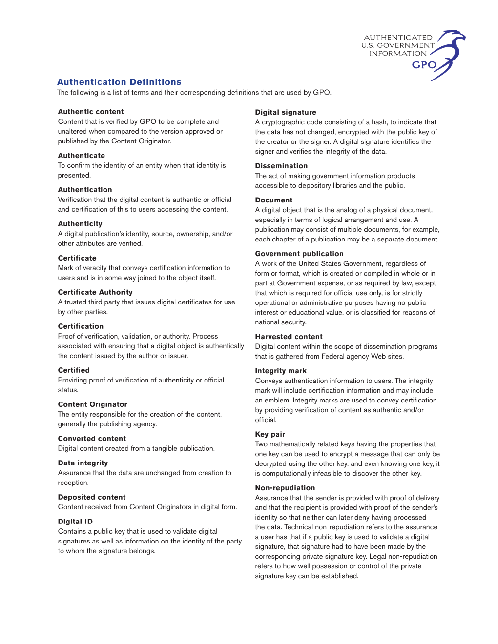 Authentication Definitions the Following Is a List of Terms and Their Corresponding Definitions That Are Used by GPO