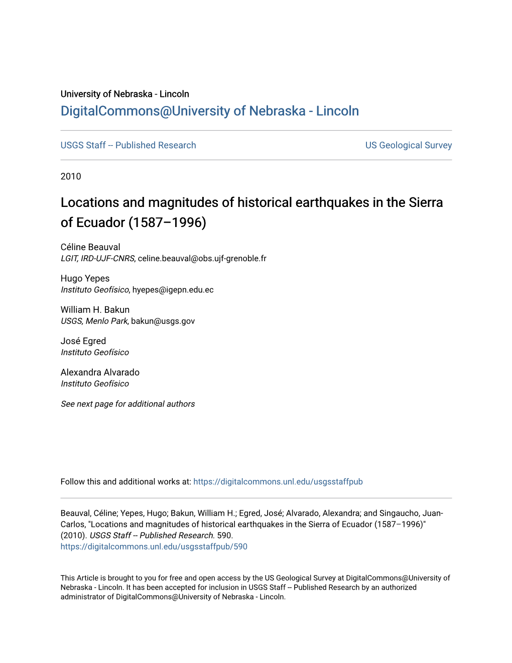 Locations and Magnitudes of Historical Earthquakes in the Sierra of Ecuador (1587–1996)