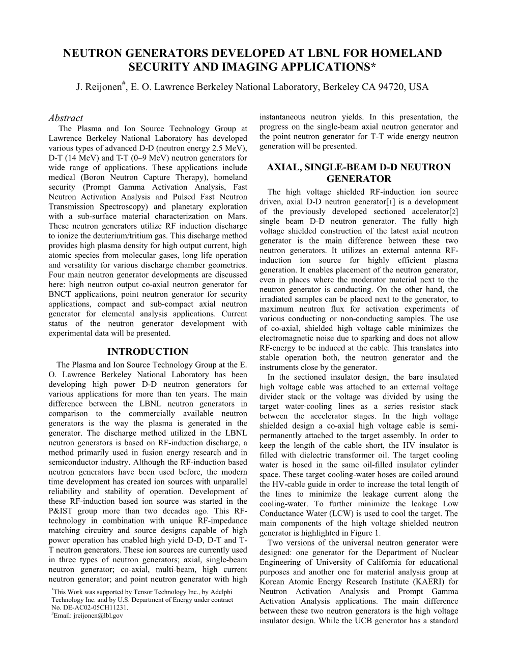 Neutron Generators Developed at Lbnl for Homeland Security and Imaging Applications* J