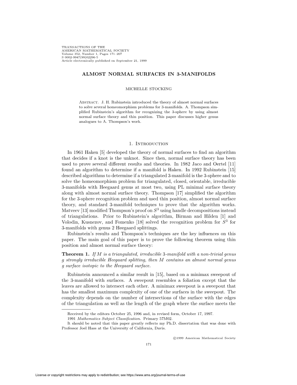 ALMOST NORMAL SURFACES in 3-MANIFOLDS 1. Introduction in 1961 Haken