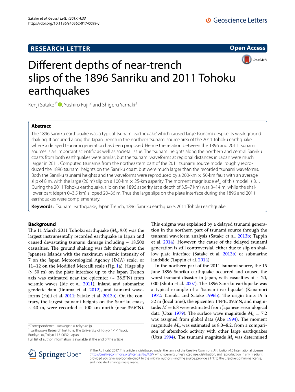 Different Depths of Near-Trench Slips of the 1896 Sanriku and 2011 Tohoku