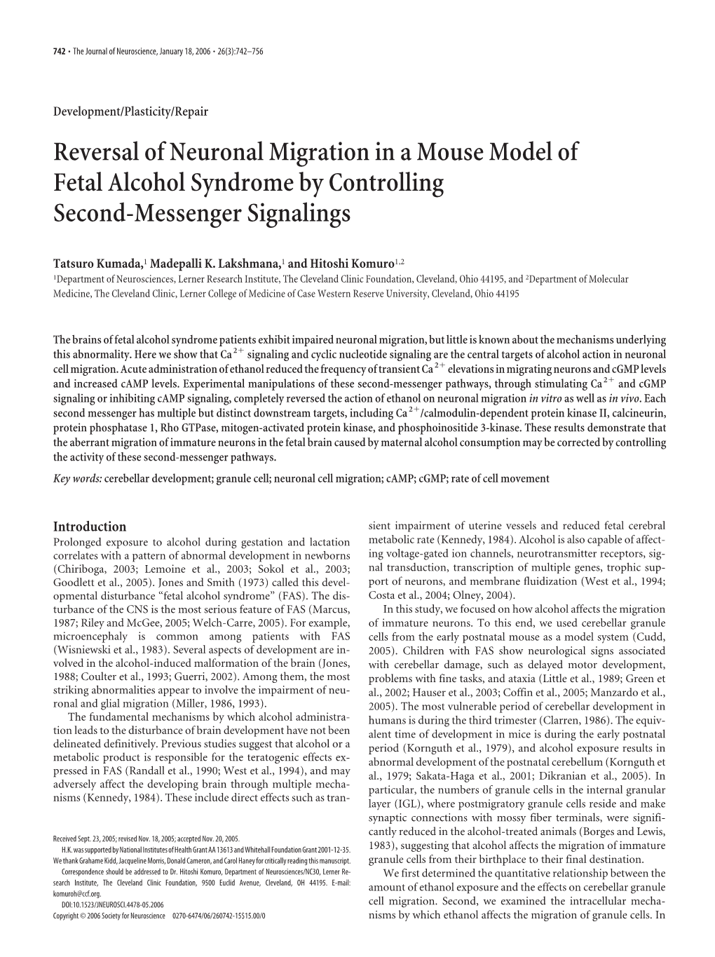 Reversal of Neuronal Migration in a Mouse Model of Fetal Alcohol Syndrome by Controlling Second-Messenger Signalings