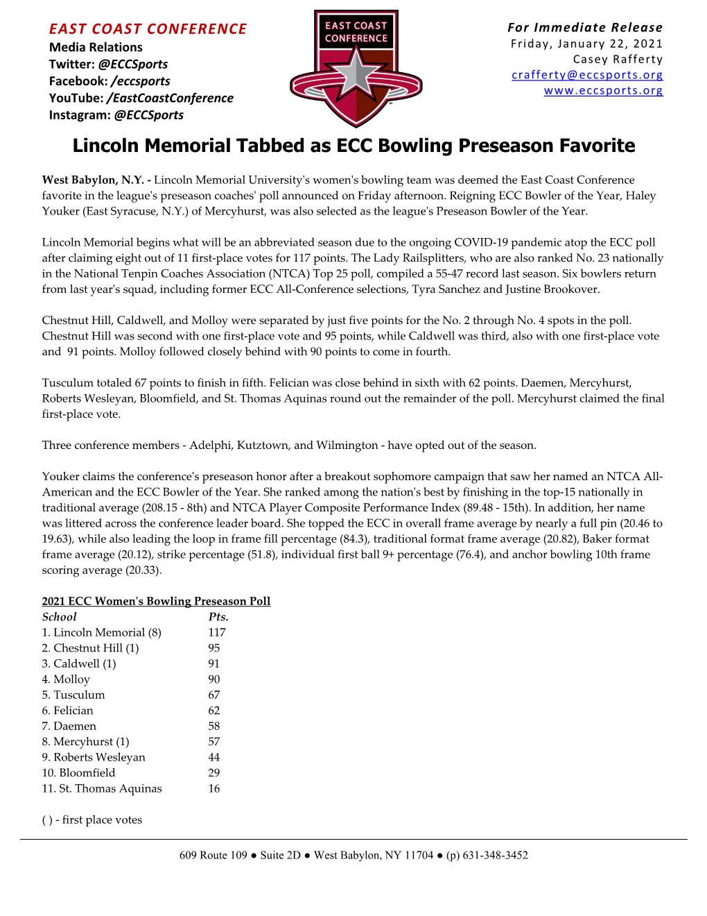 Lincoln Memorial Tabbed As ECC Bowling Preseason Favorite