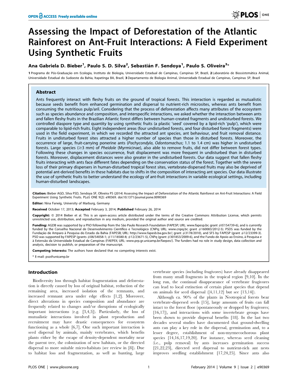 Assessing the Impact of Deforestation of the Atlantic Rainforest on Ant-Fruit Interactions: a Field Experiment Using Synthetic Fruits