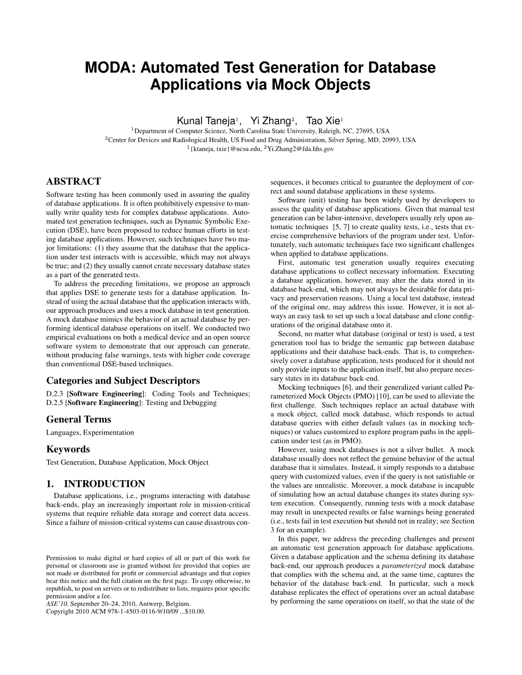 MODA: Automated Test Generation for Database Applications Via Mock Objects