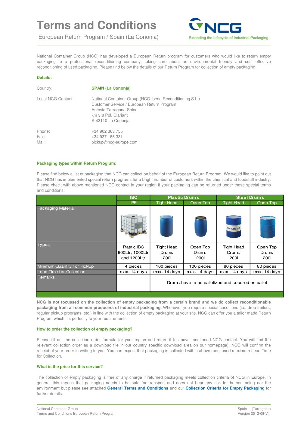 Terms and Conditions European Return Program / Spain (La Cononia)