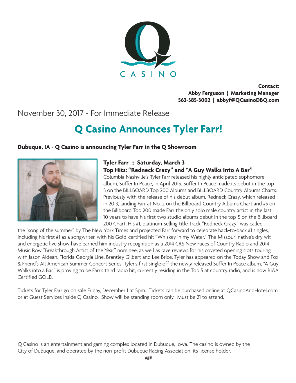 Q Casino Announces Tyler Farr!