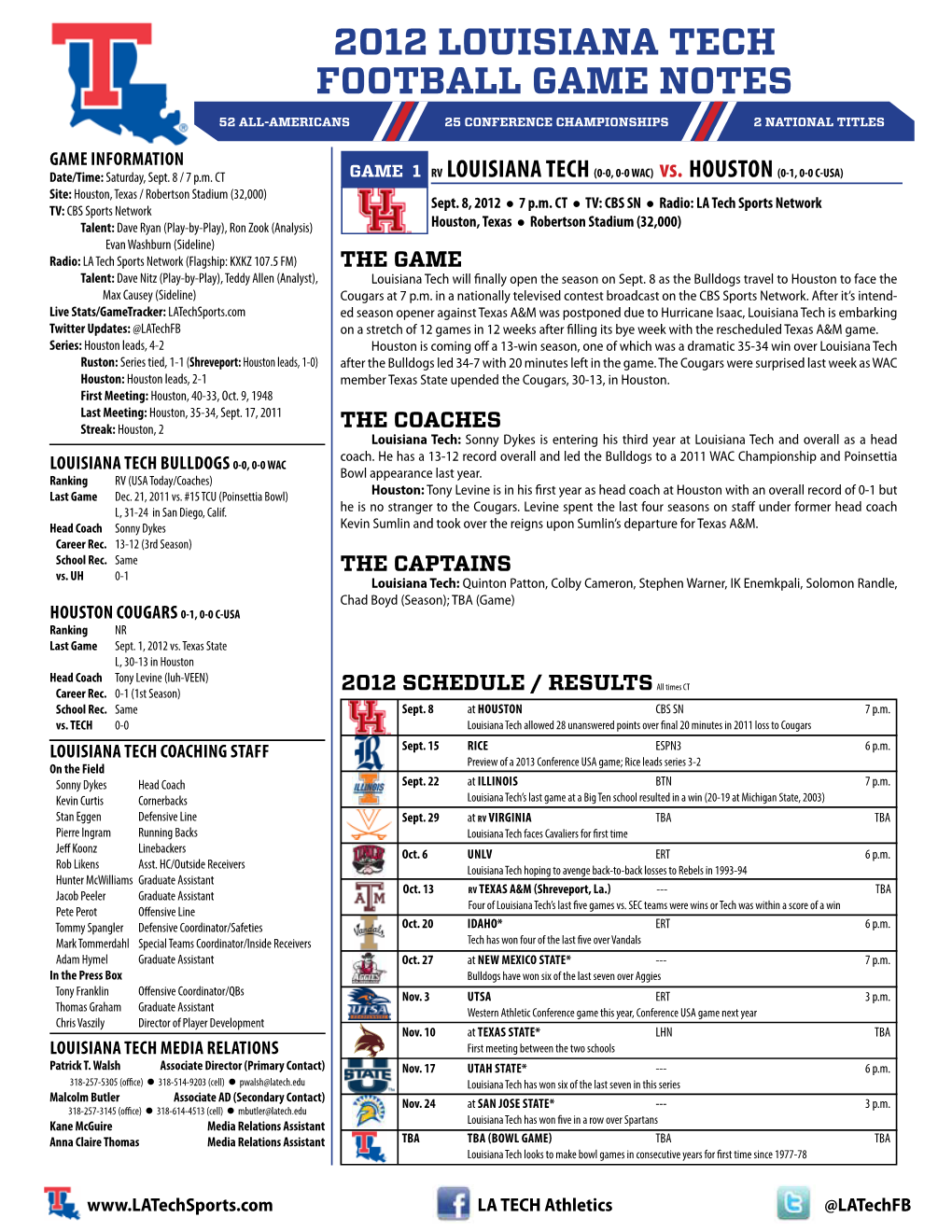 2012 Louisiana Tech Football Game Notes 52 All-Americans 25 Conference Championships 2 National Titles