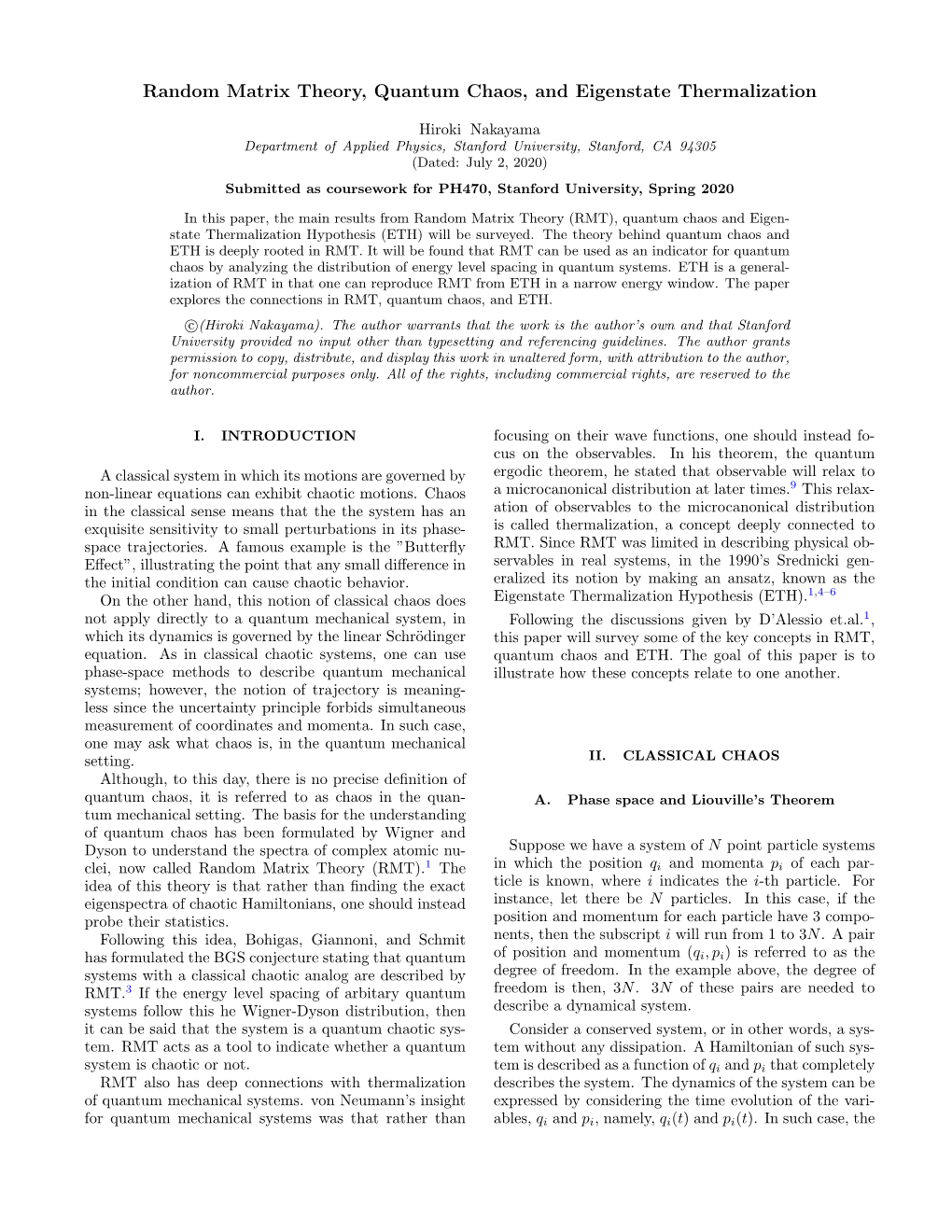 Random Matrix Theory, Quantum Chaos, and Eigenstate Thermalization