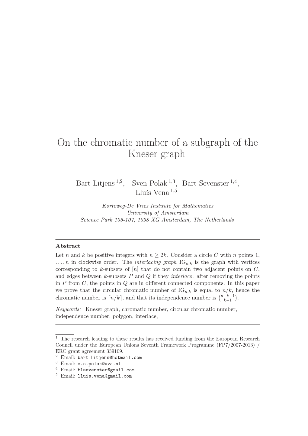 On the Chromatic Number of a Subgraph of the Kneser Graph