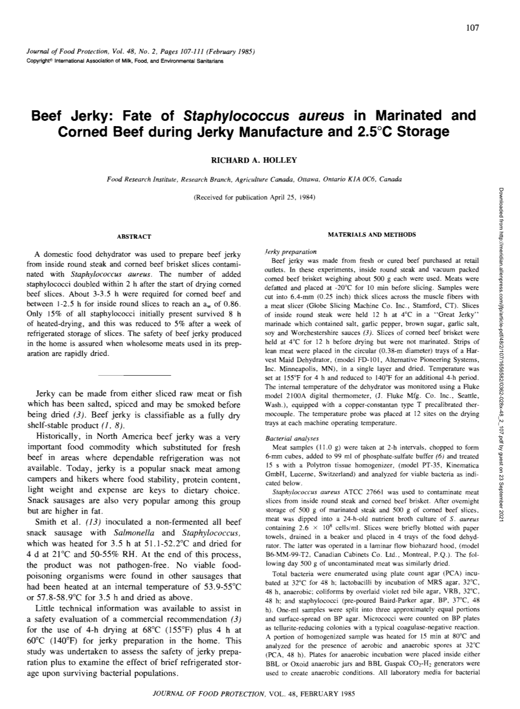 Beef Jerky: Fate of Staphylococcus Aureus in Marinated and Corned Beef During Jerky Manufacture and 2.5 C Storage