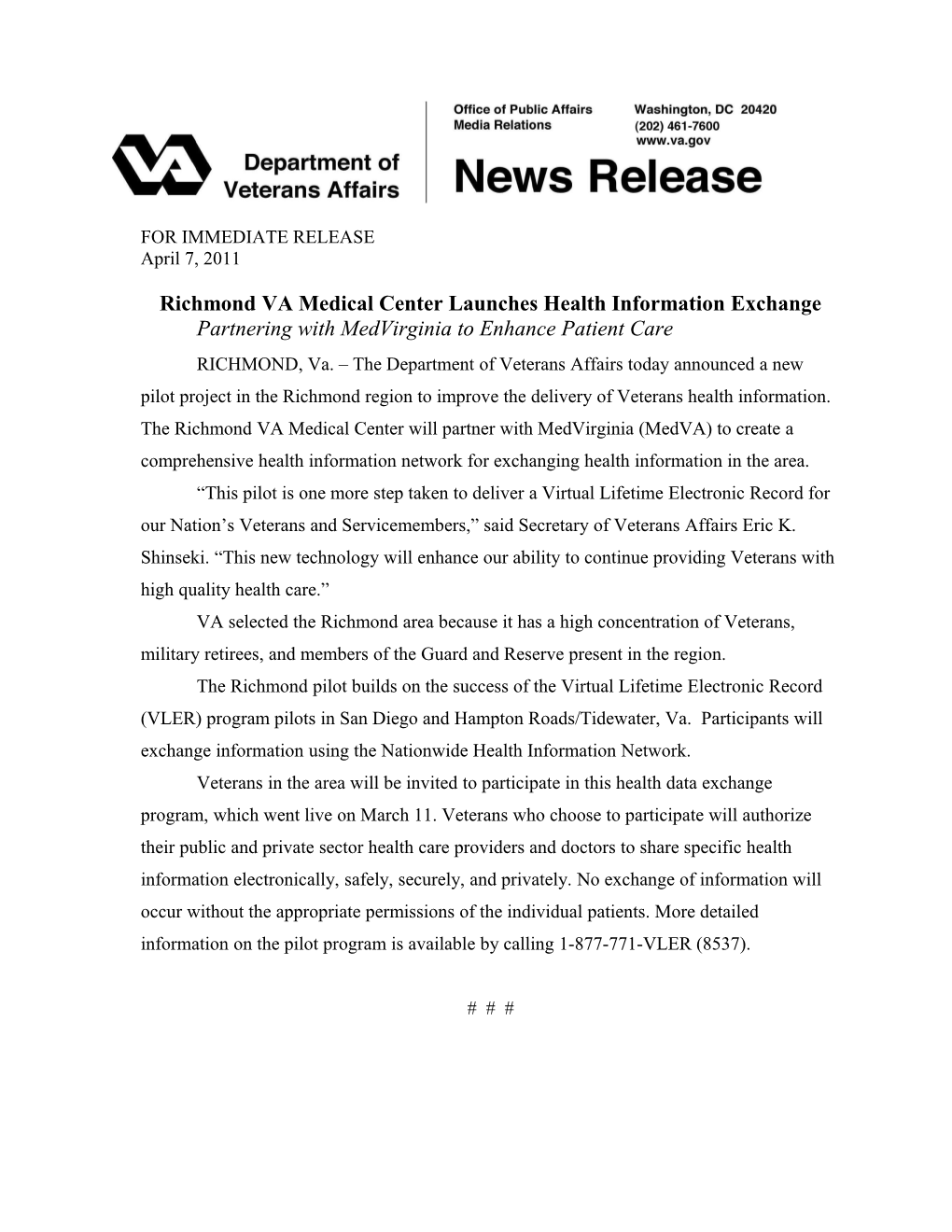 Richmond VA Medical Center Launches Health Information Exchange