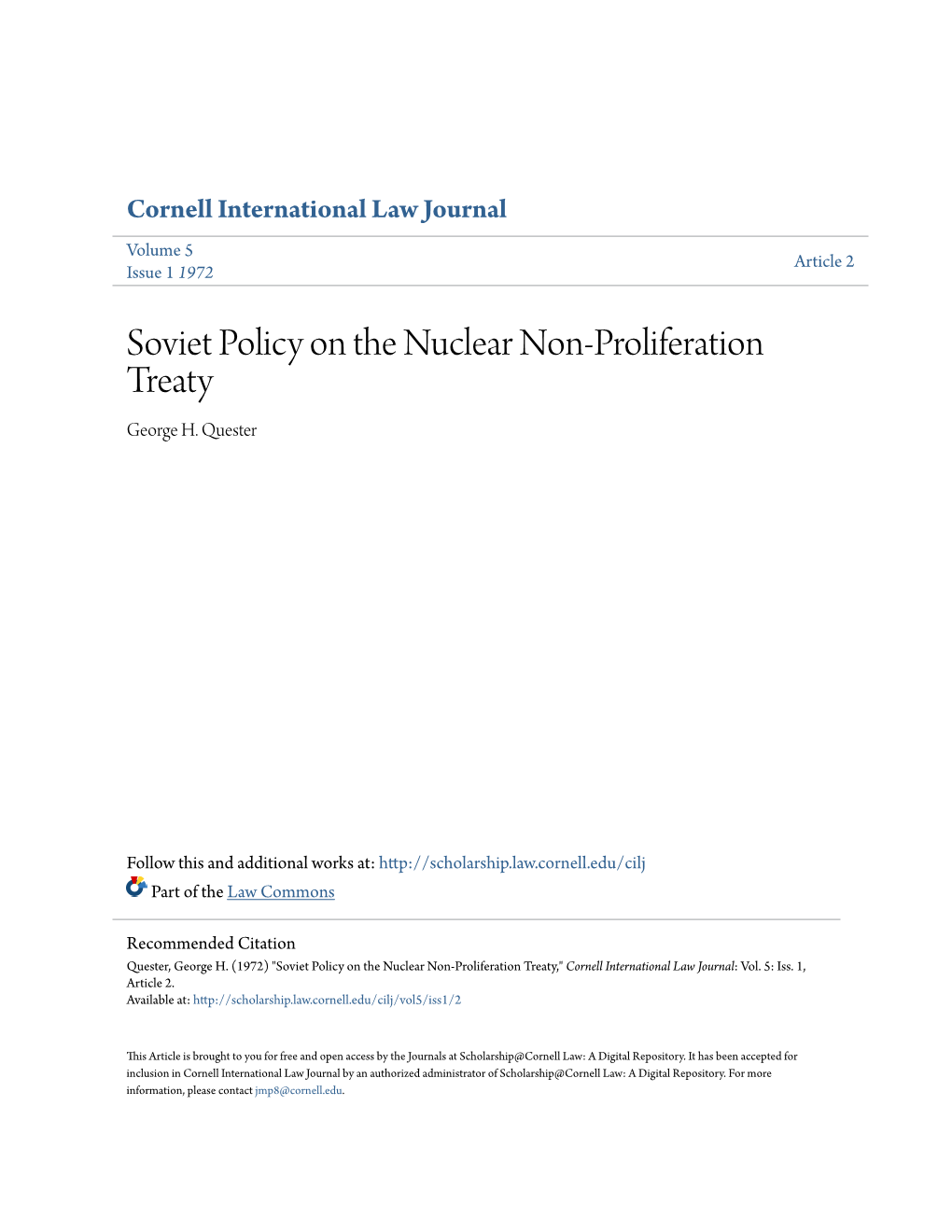 Soviet Policy on the Nuclear Non-Proliferation Treaty George H