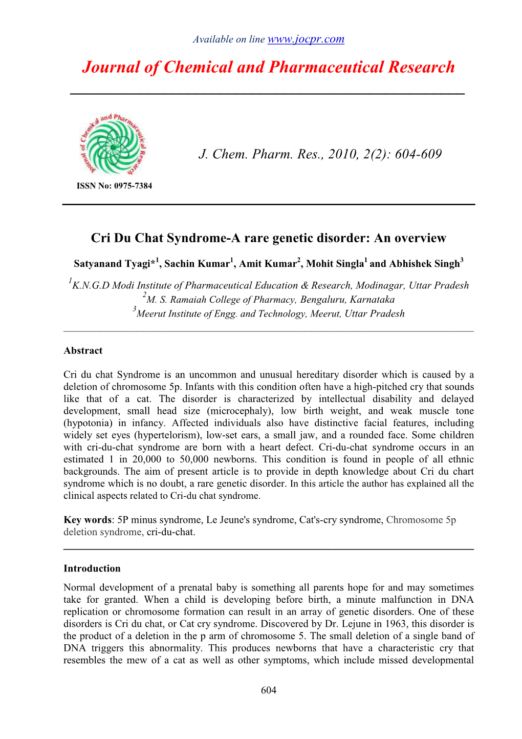 Cri Du Chat Syndrome-A Rare Genetic Disorder: an Overview