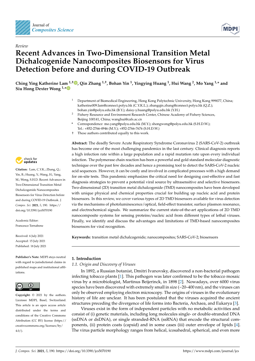 Recent Advances in Two-Dimensional Transition Metal Dichalcogenide Nanocomposites Biosensors for Virus Detection Before and During COVID-19 Outbreak