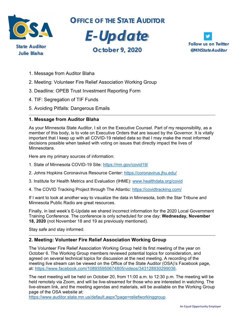 State Auditor's E-Update -- October 9, 2020