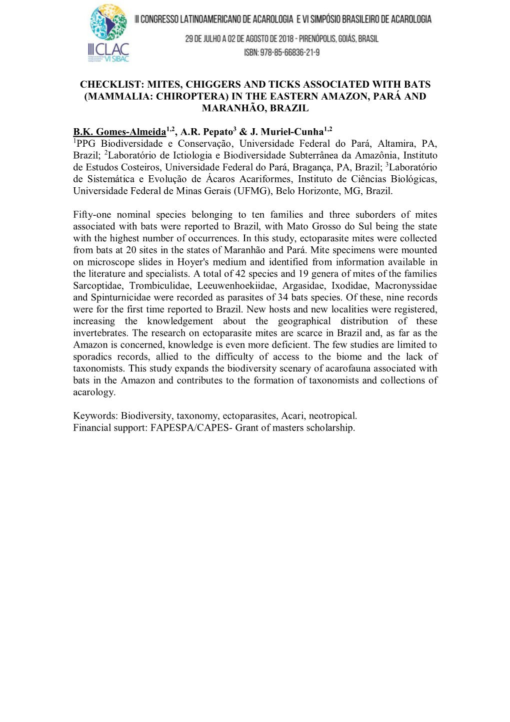 Mites, Chiggers and Ticks Associated with Bats (Mammalia: Chiroptera) in the Eastern Amazon, Pará and Maranhão, Brazil