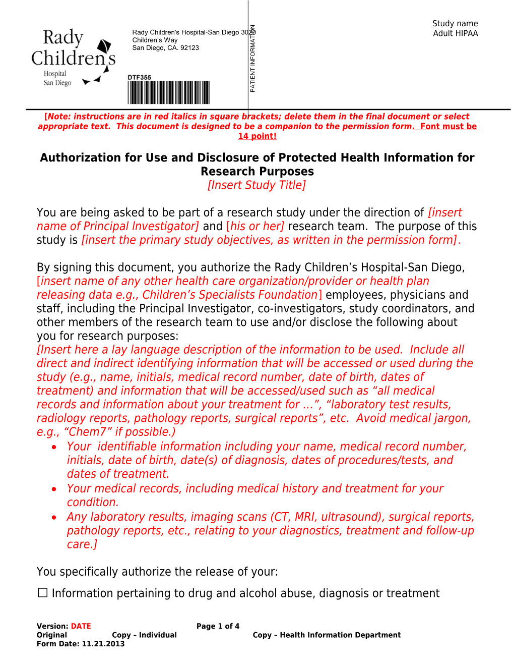 Authorization For Release Of Protected Health Information