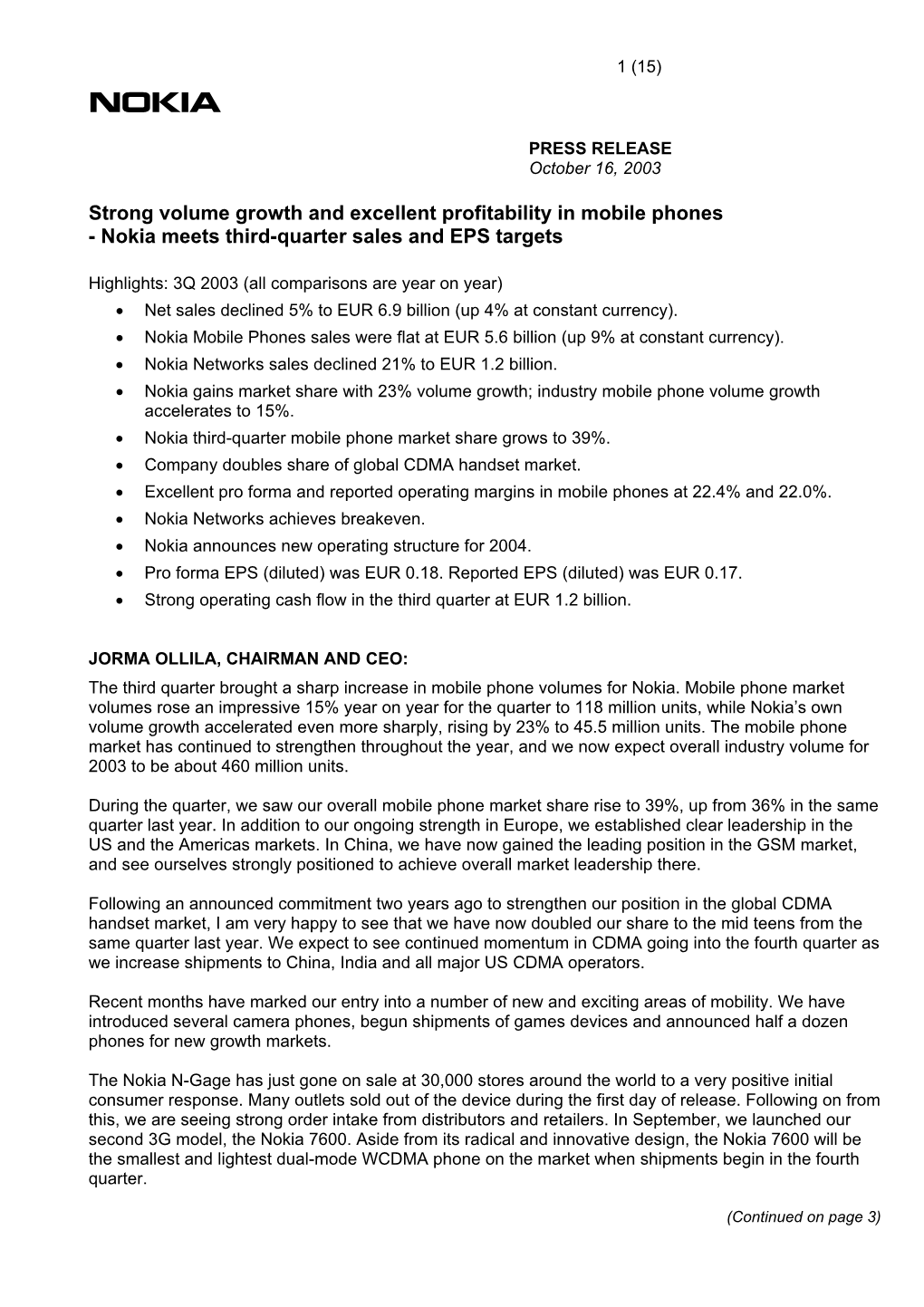 Nokia in 3Q 2003 Word Document