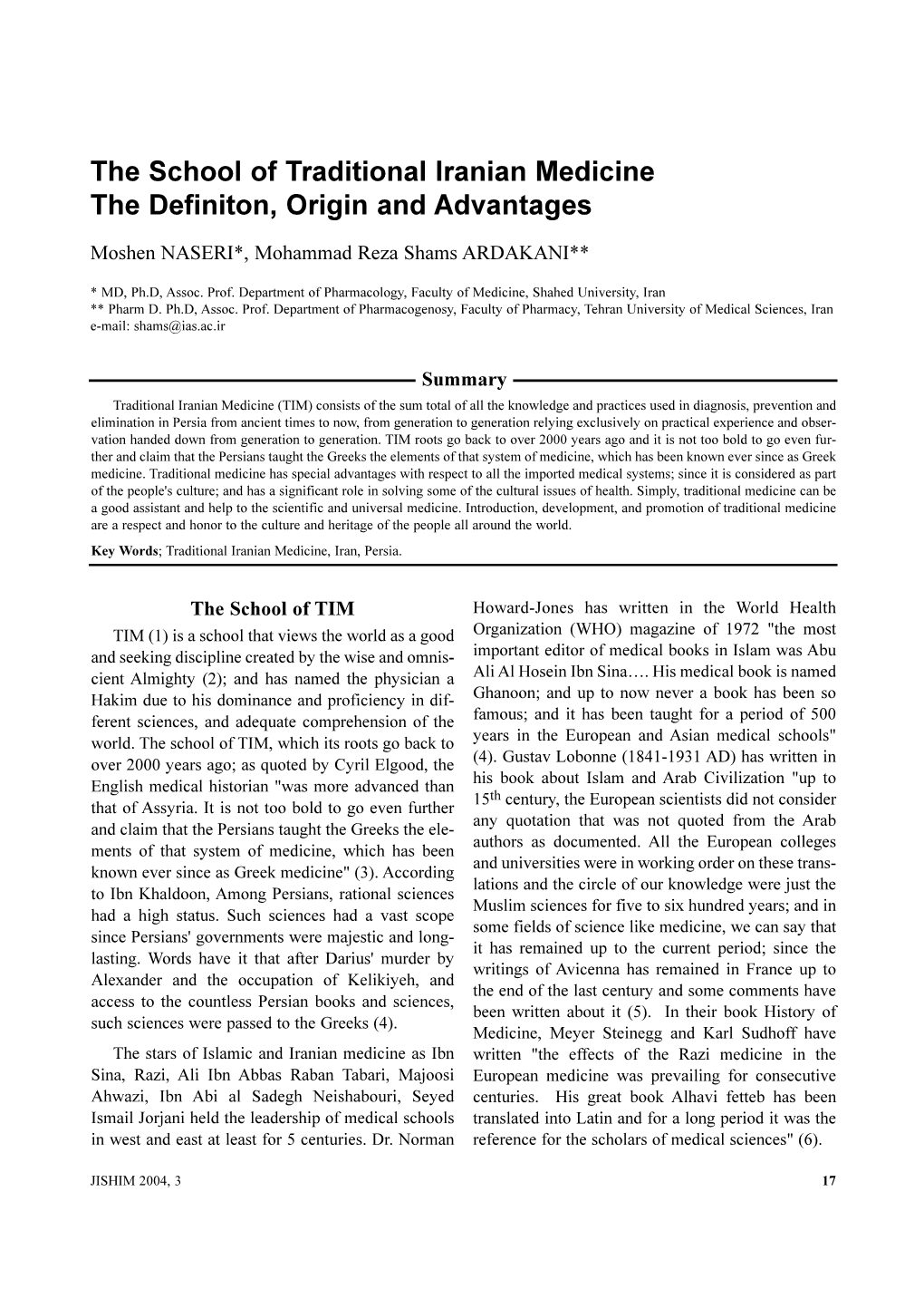 The School of Traditional Iranian Medicine the Definiton, Origin and Advantages