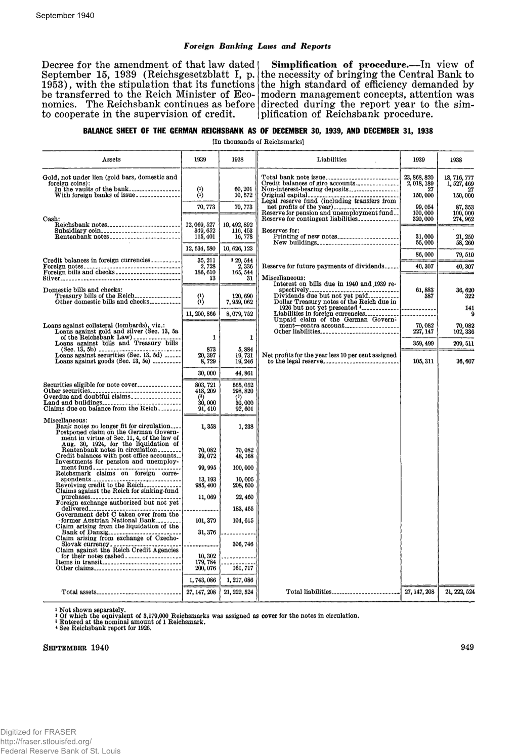 BALANCE SHEET of the GERMAN REICHSBANK AS of DECEMBER 30, 1939R and DECEMBER 31, 1938 [ID Thousands of Reichsmarks]