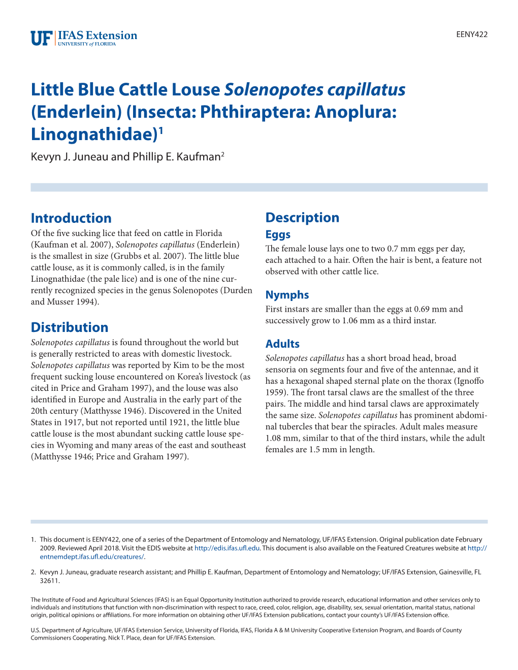 Little Blue Cattle Louse Solenopotes Capillatus (Enderlein) (Insecta: Phthiraptera: Anoplura: Linognathidae)1 Kevyn J