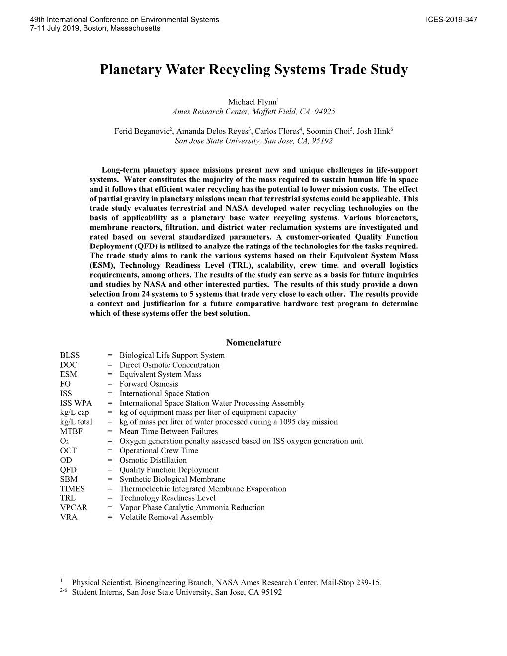 Planetary Water Recycling Systems Trade Study