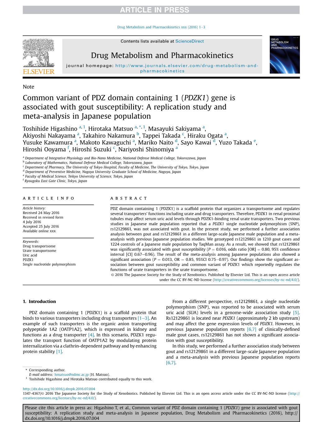 Common Variant of PDZ Domain Containing 1 (PDZK1) Gene Is Associated with Gout Susceptibility: a Replication Study and Meta-Analysis in Japanese Population