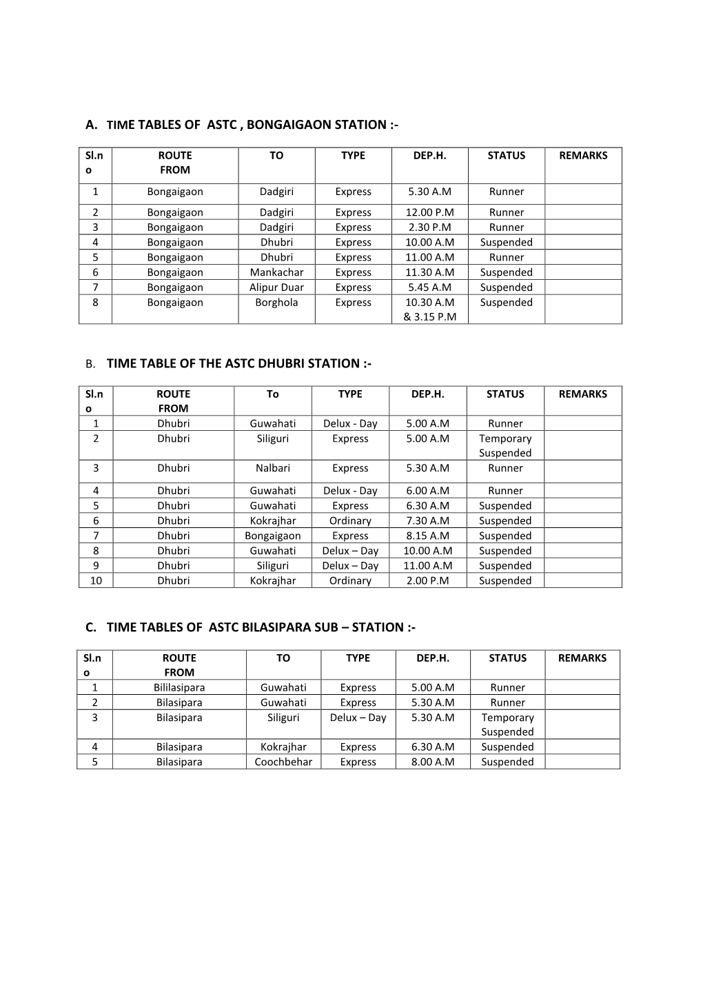 B. Time Table of the Astc Dhubri Station