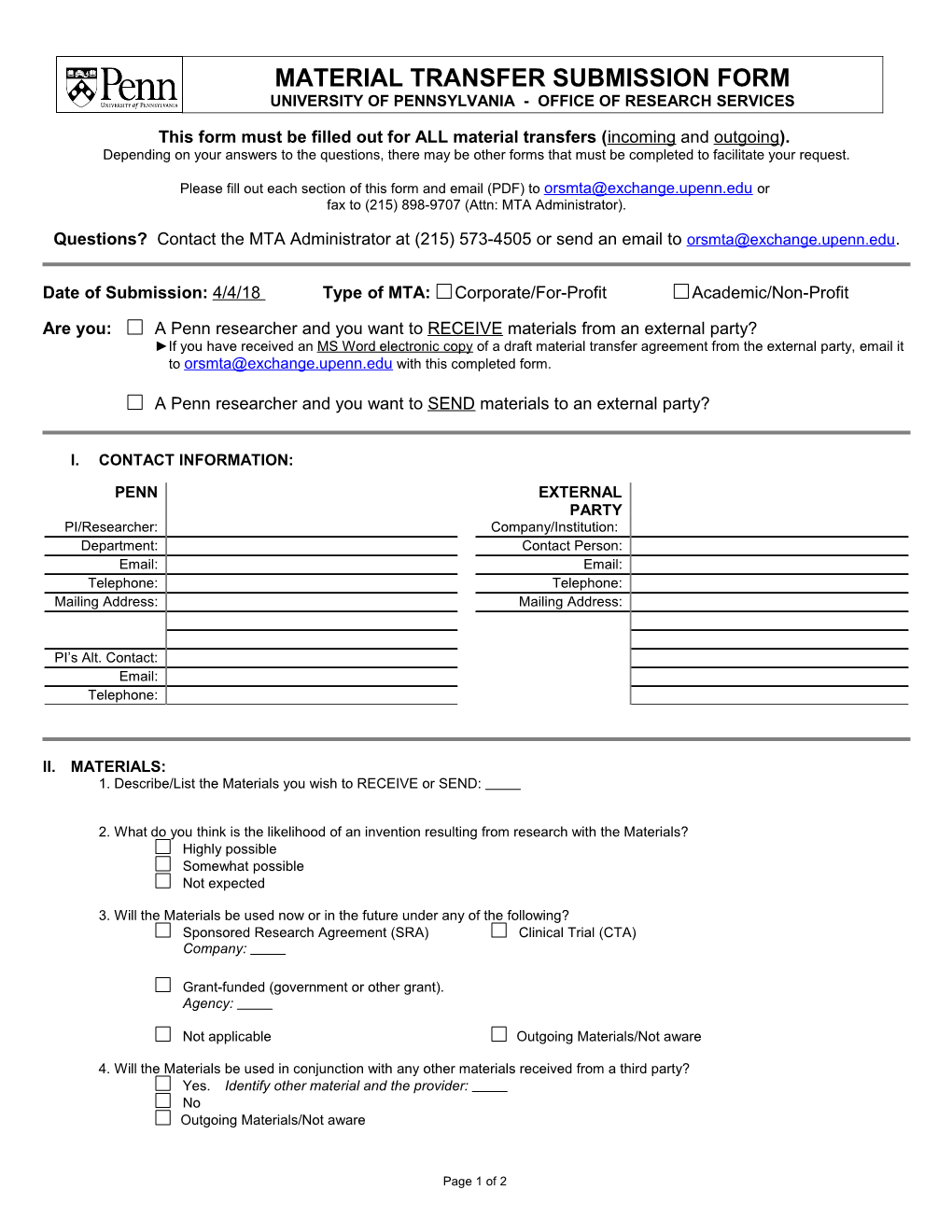 This Form Must Be Filled out for ALL Material Transfers (Incoming and Outgoing)