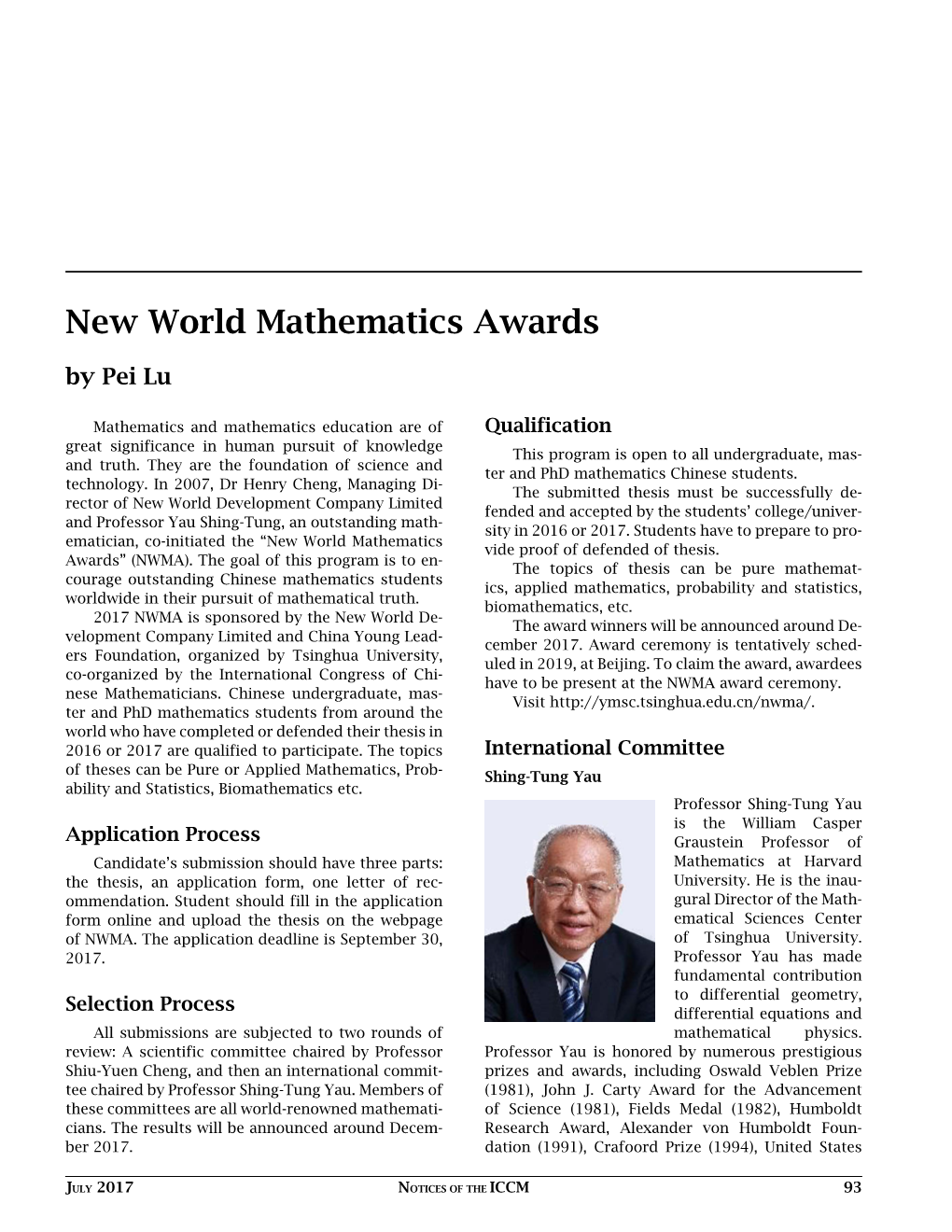 New World Mathematics Awards by Pei Lu