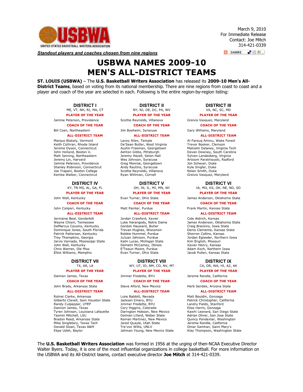 Usbwa Names 2009-10 Men's All-District Teams St