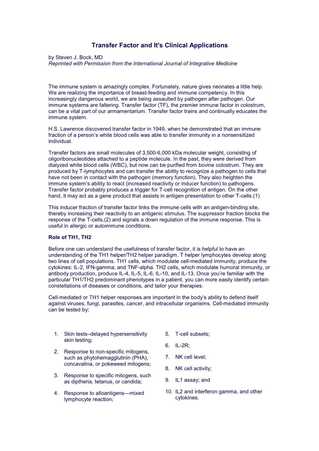 Transfer Factor and It's Clinical Applications by Steven J