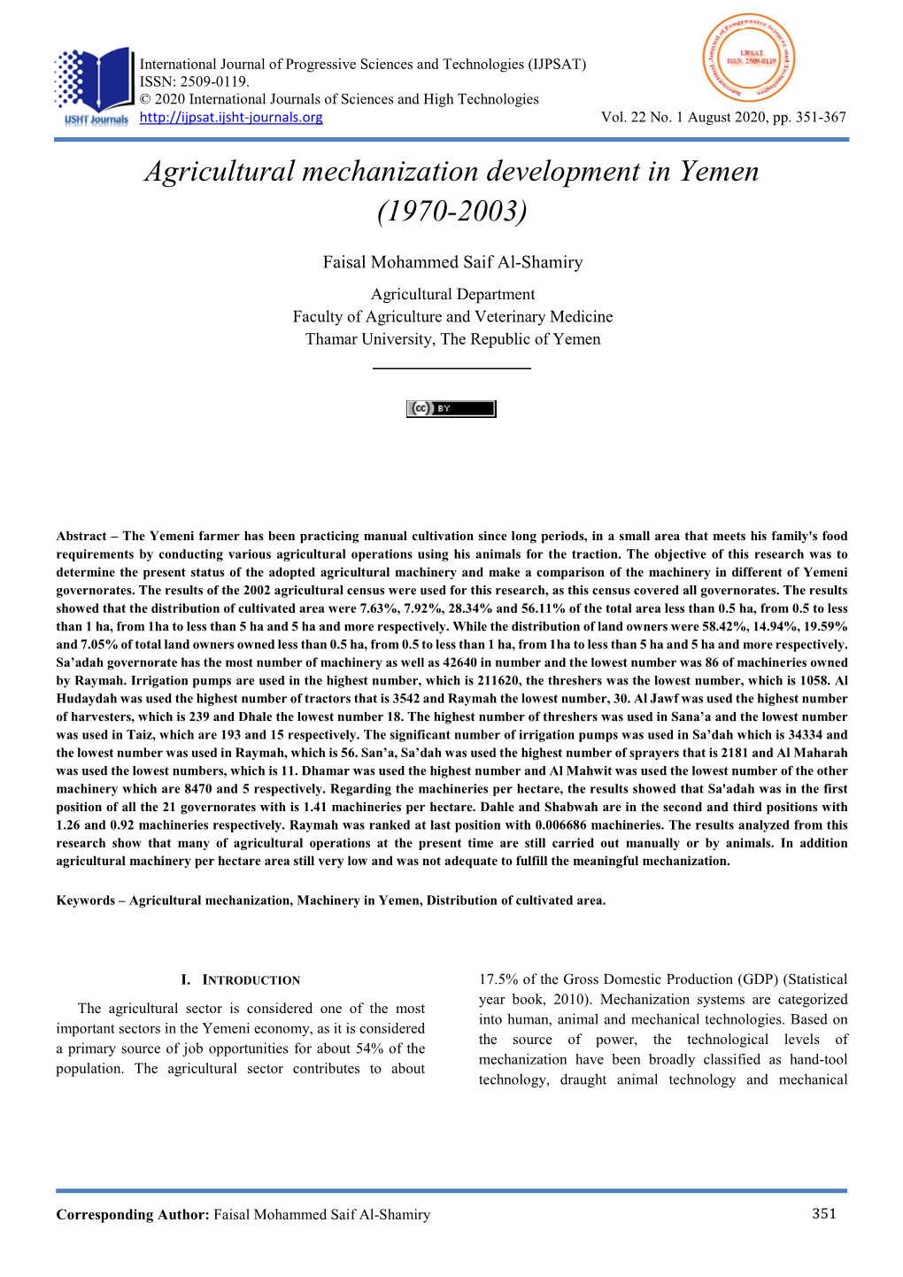 Agricultural Mechanization Development in Yemen (1970-2003)