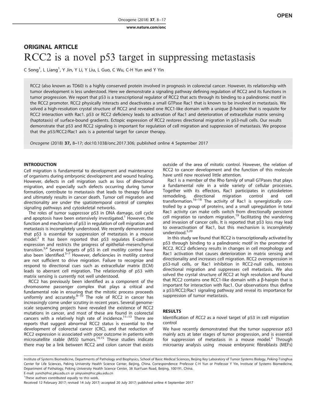 RCC2 Is a Novel P53 Target in Suppressing Metastasis