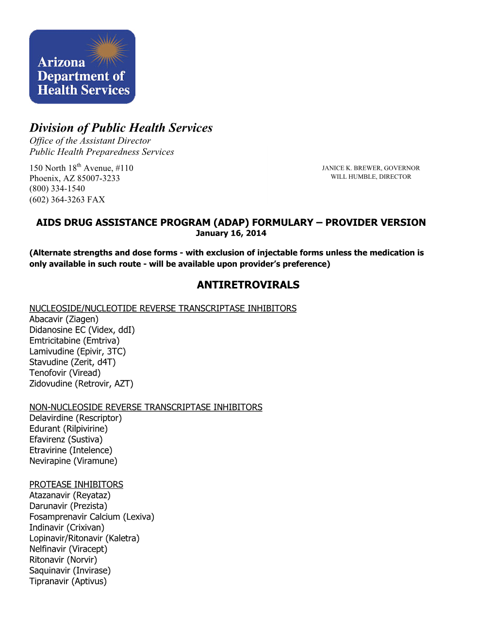 Division of Public Health Services Office of the Assistant Director Public Health Preparedness Services