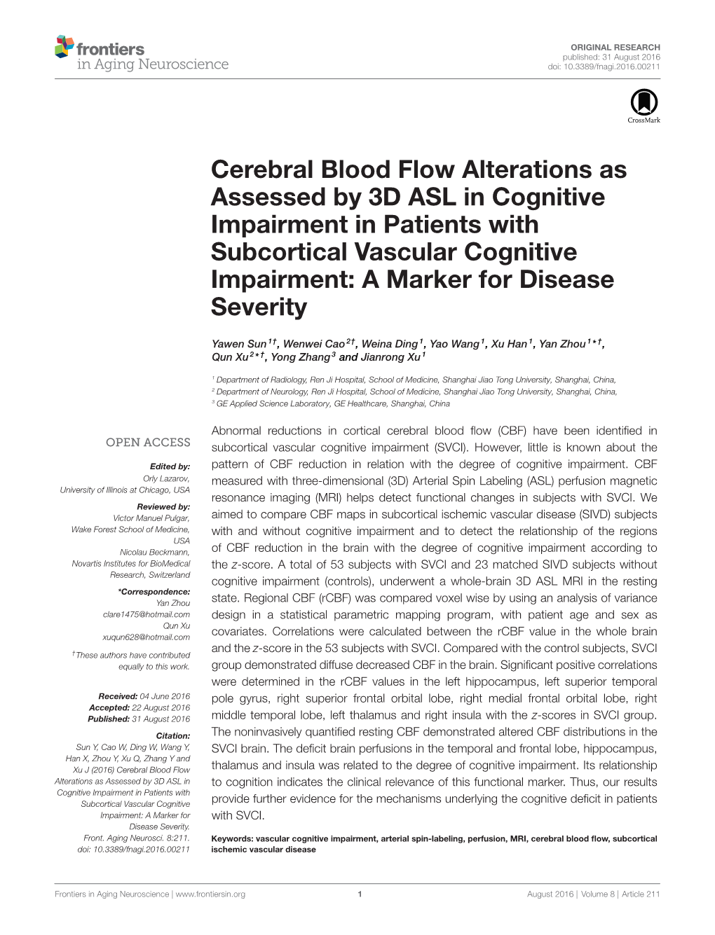 Cerebral Blood Flow Alterations As Assessed by 3D ASL in Cognitive