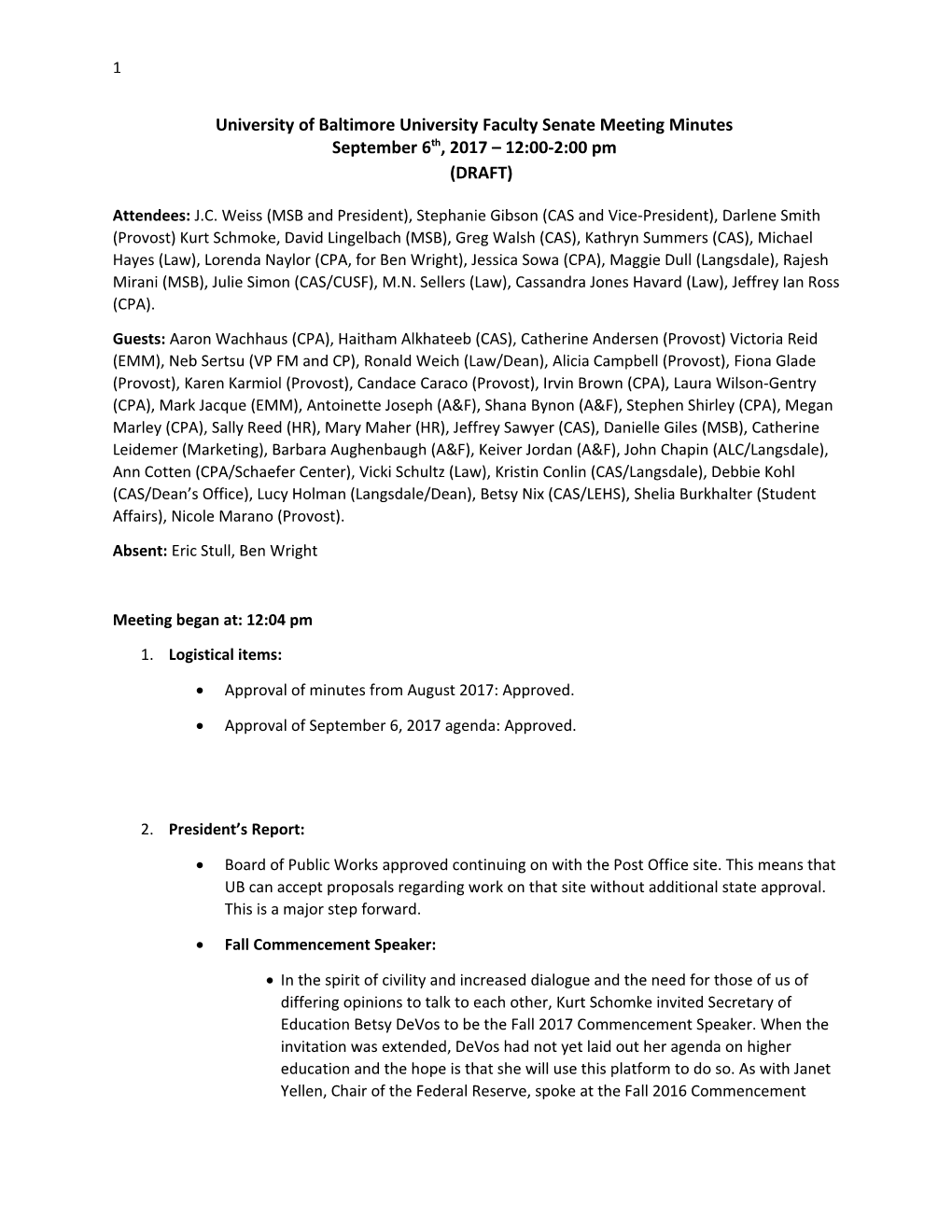 University of Baltimore University Faculty Senate Meeting Minutes