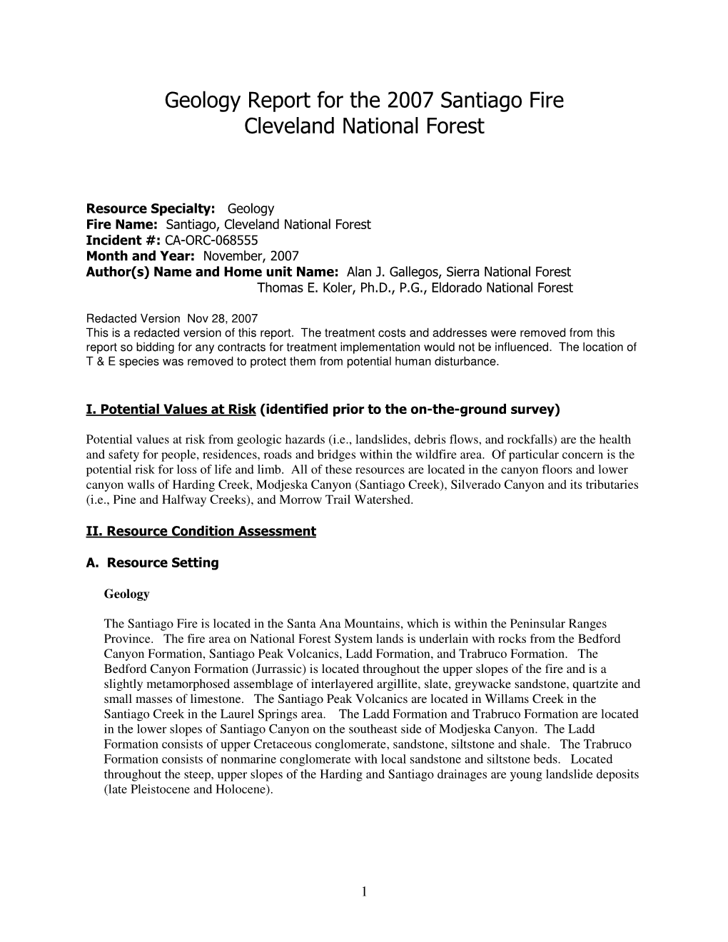 Geology Report for the 2007 Santiago Fire Cleveland National Forest