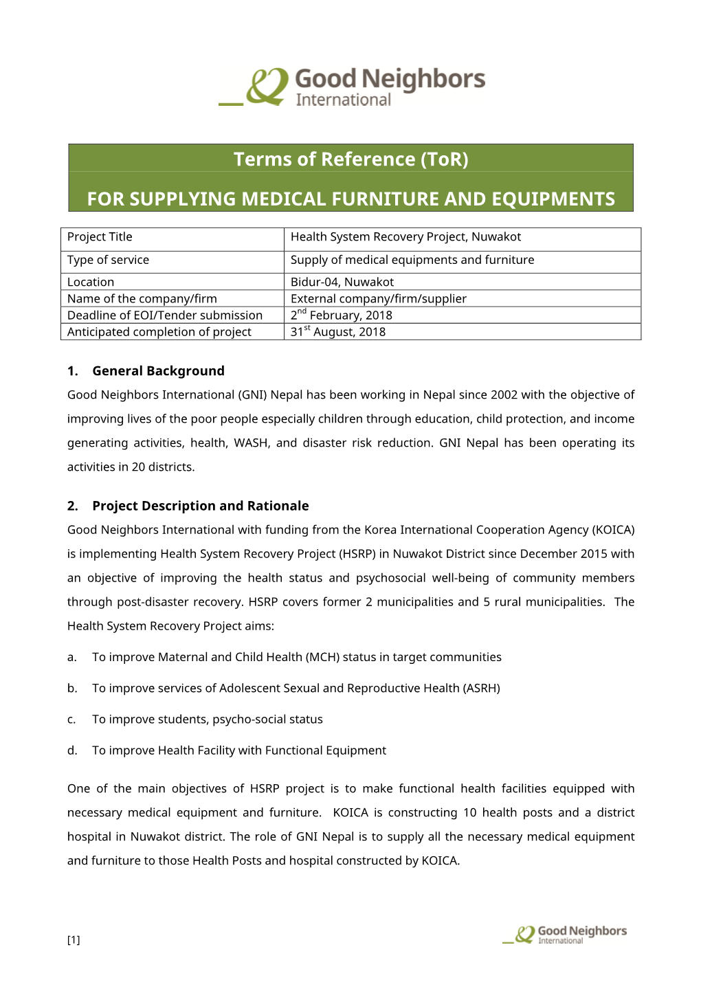 Terms of Reference (Tor) for SUPPLYING MEDICAL FURNITURE and EQUIPMENTS