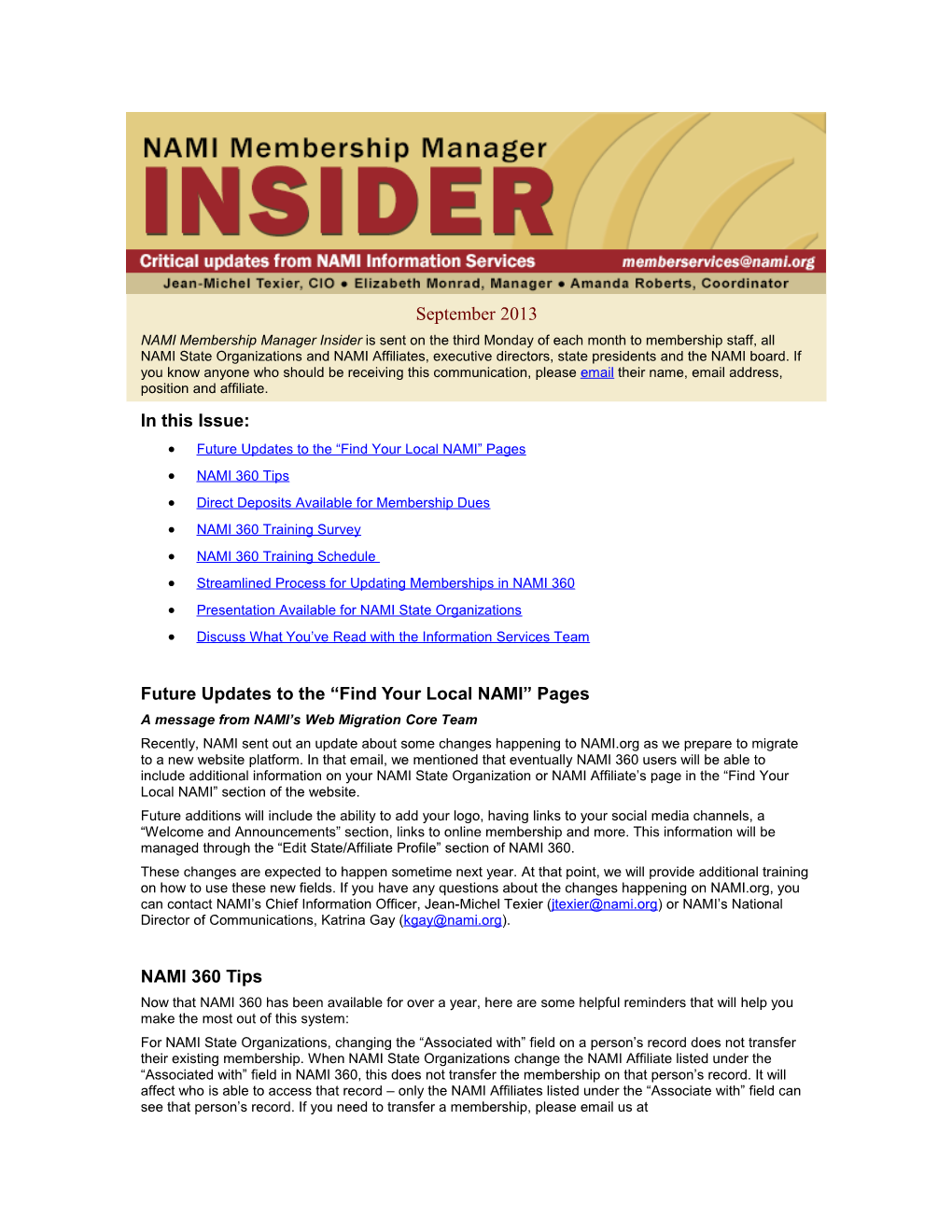 September 2013 NAMI Membership Manager Insider Is Sent on the Third Monday of Each Month