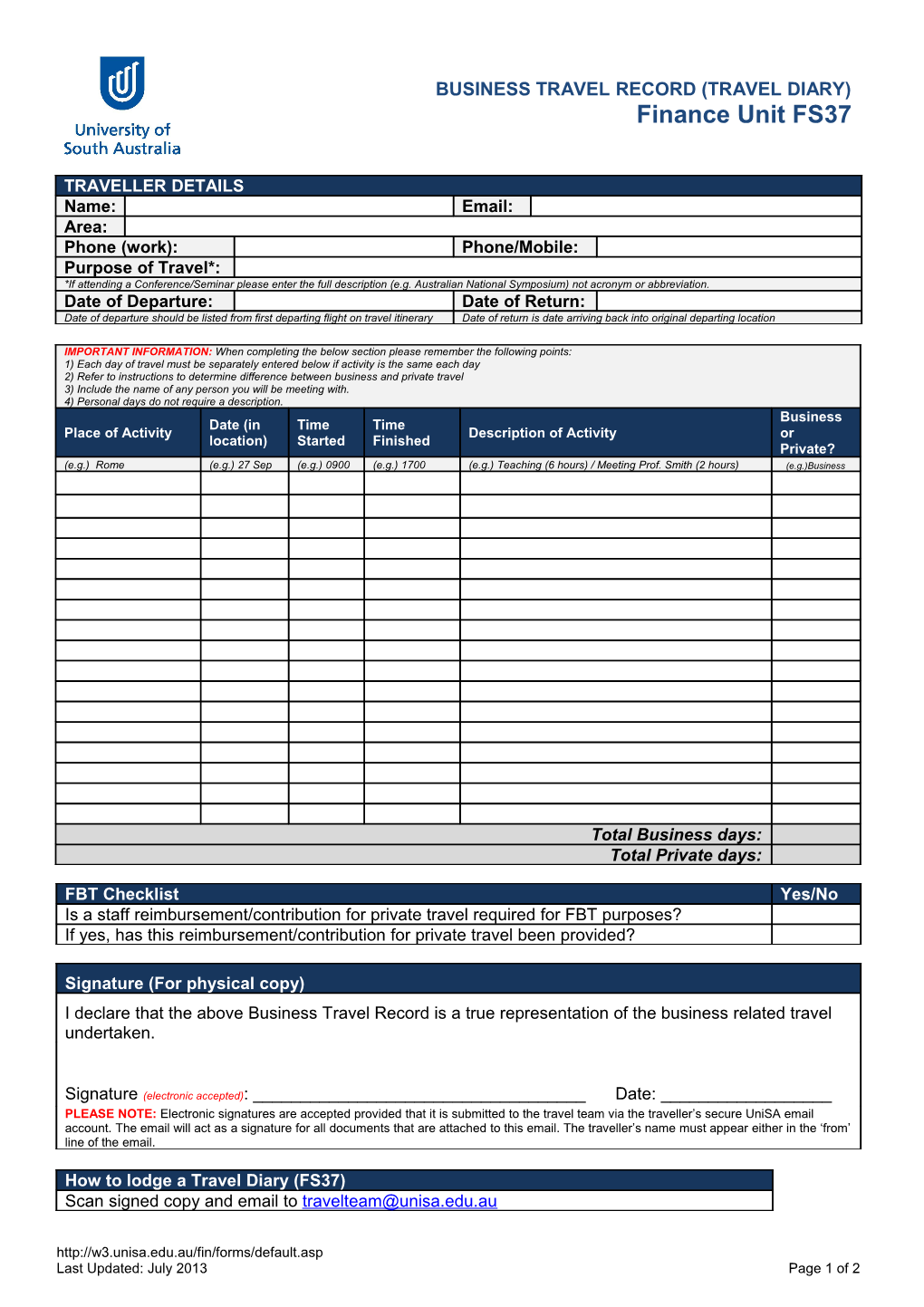 Business Travel Record (Travel Diary)