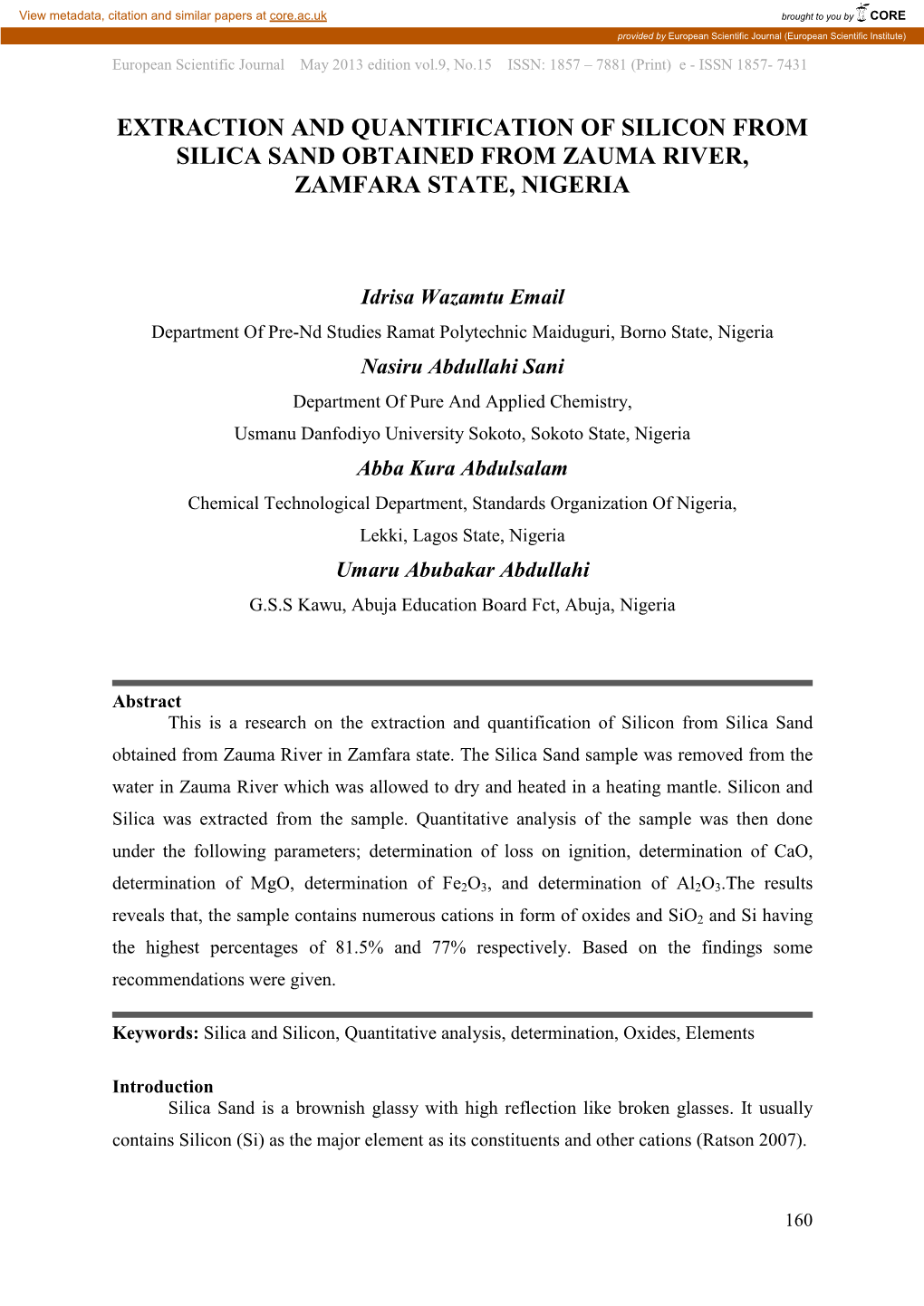 Extraction and Quantification of Silicon from Silica Sand Obtained from Zauma River, Zamfara State, Nigeria