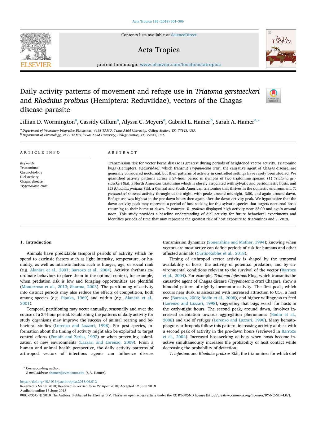 Daily Activity Patterns of Movement and Refuge Use in Triatoma Gerstaeckeri and Rhodnius Prolixus